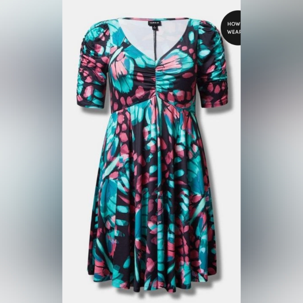 New Torrid 00X/M(10) Mini Studio Knit Cinch Front Skater Dress- Butterfly Print - Picture 4 of 4